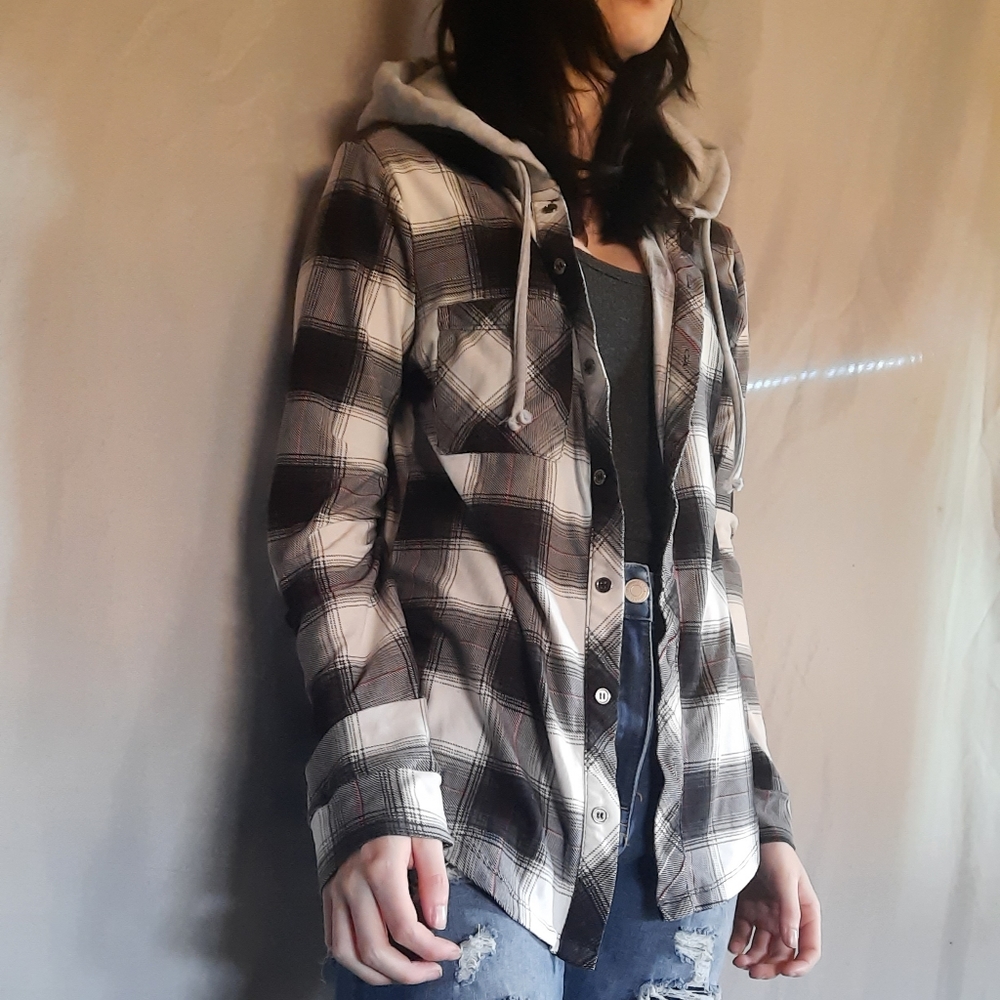 black white and pink plaid shirt